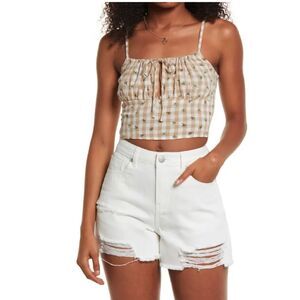 Bp Tie‎ Detail Crop Camisole In Ivory Beige Picnic Check Size Medium
